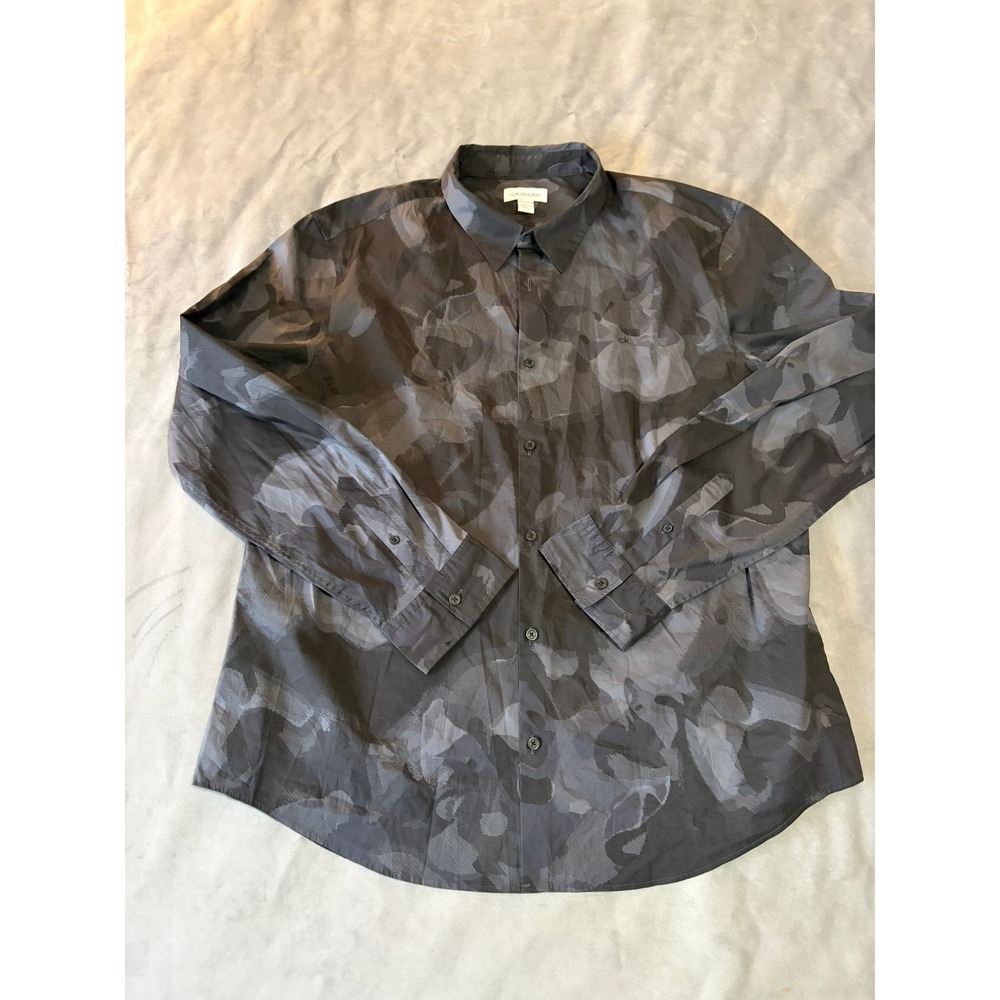 Calvin Klein Mens XXL Grey Abstract Camo Print Long Sleeve Button Down Shirt